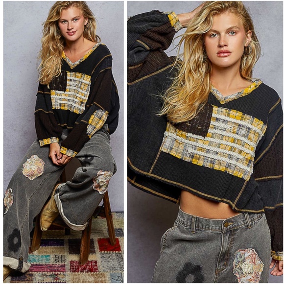 POL Star Studded Flag Color Block Reverse Stitch Long Sleeve Top - Picture 1 of 6